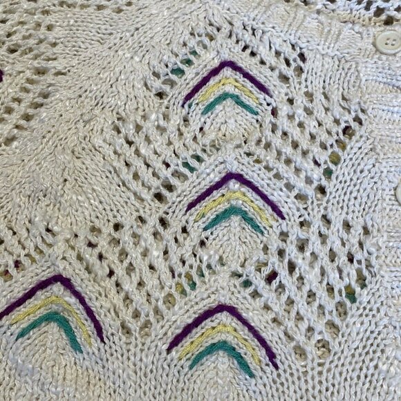 Vintage Carducci Crochet Cardigan Women's M Ivory Pointelle Cottagecore Whimsy - Picture 3 of 10